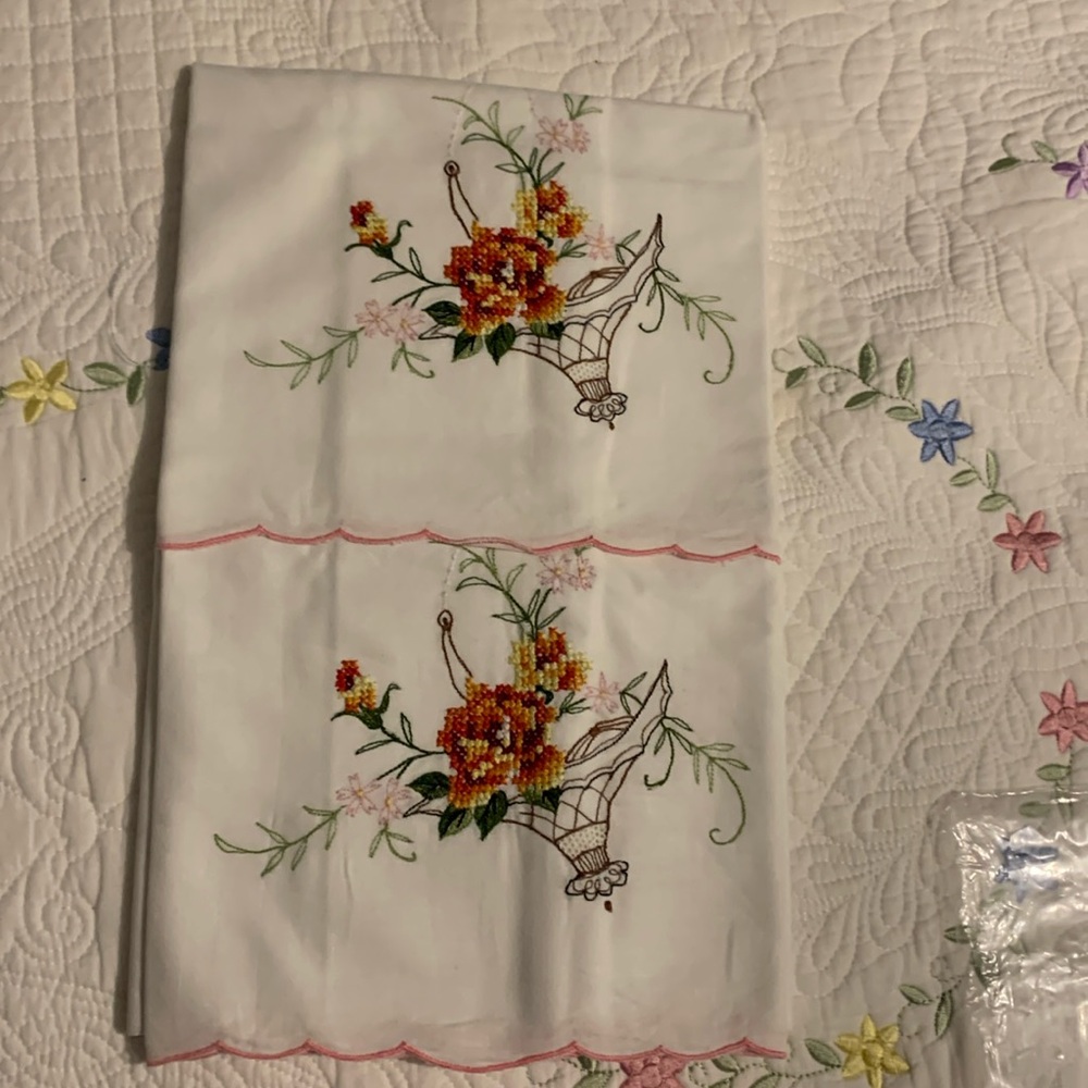 Two Pillow Cases Pink Floral Cross Stitch Embroidery